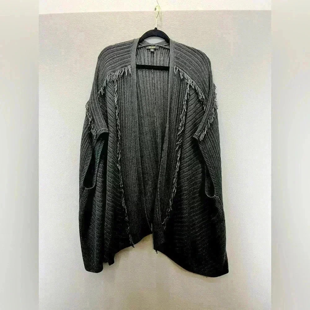 Ella Moss Oversized fringe open front sweater dark grey